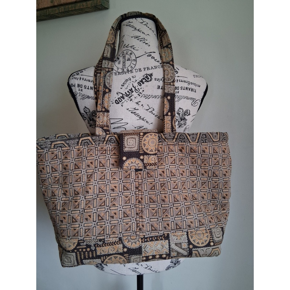 Handmade Quilted Tote Bag Brown Geometric Tribal Print Shoulder Bag Large Boho